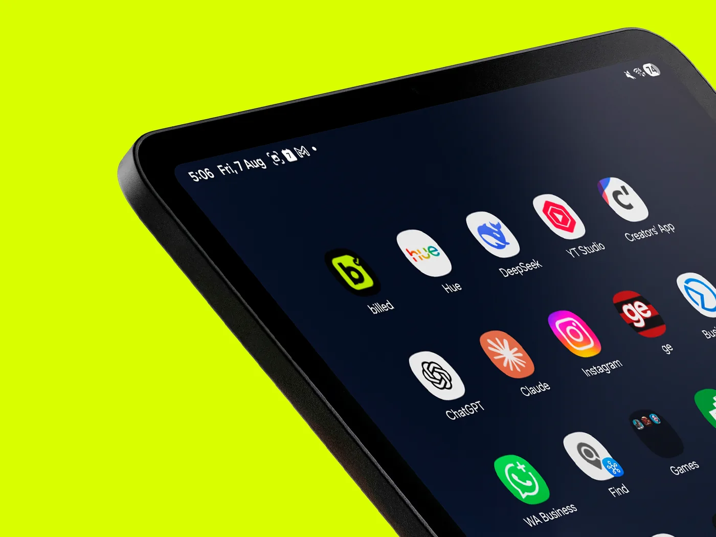 An Android tablet home screen with the billed app icon