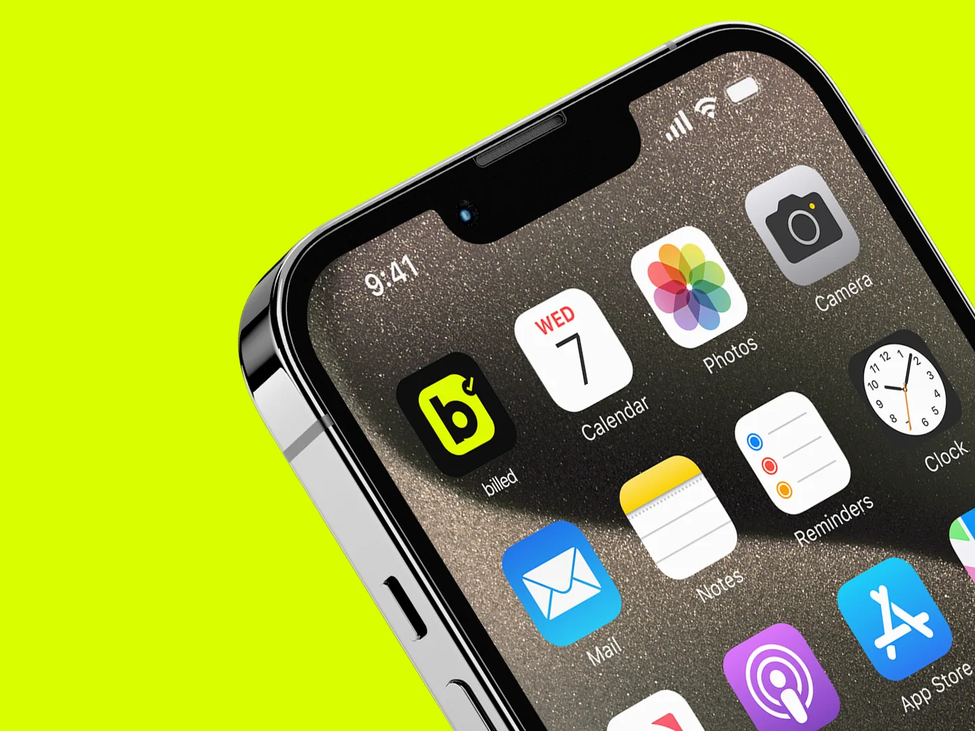 An iPhone home screen with the billed app icon among the built-in apps
