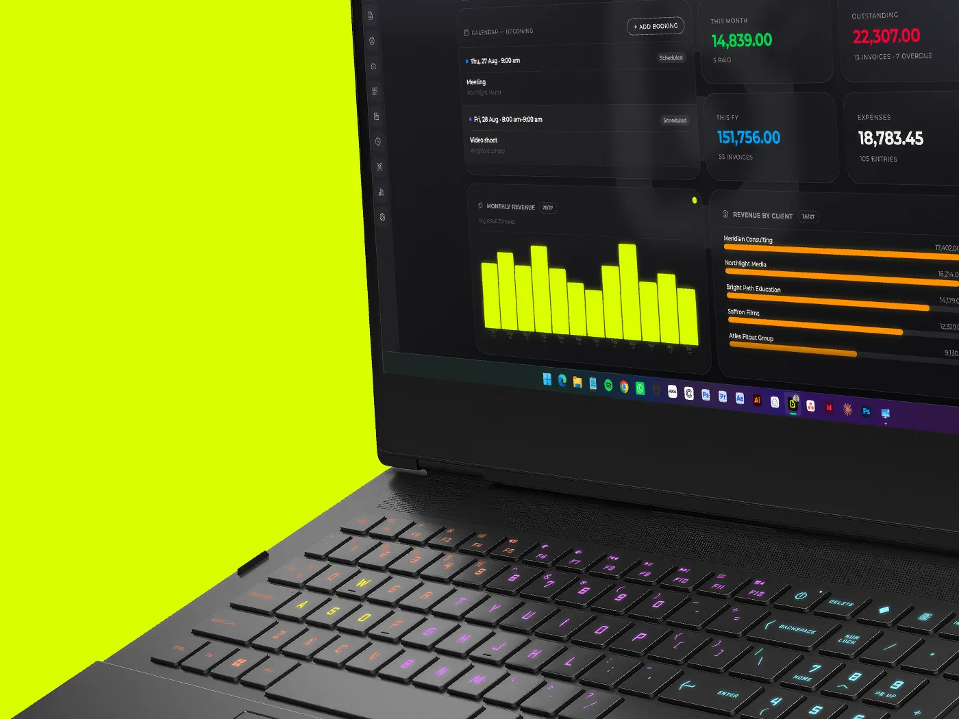 A Windows laptop showing the billed dashboard, with billed pinned to the taskbar