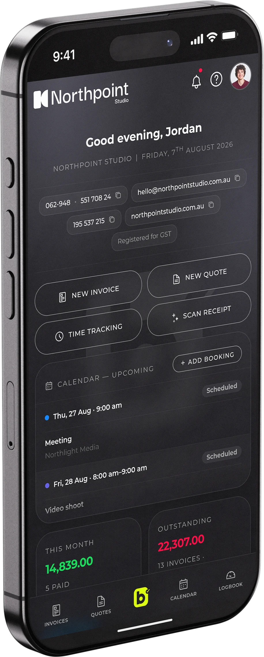 billed on a phone, showing the dashboard with quick actions, upcoming calendar and outstanding invoices