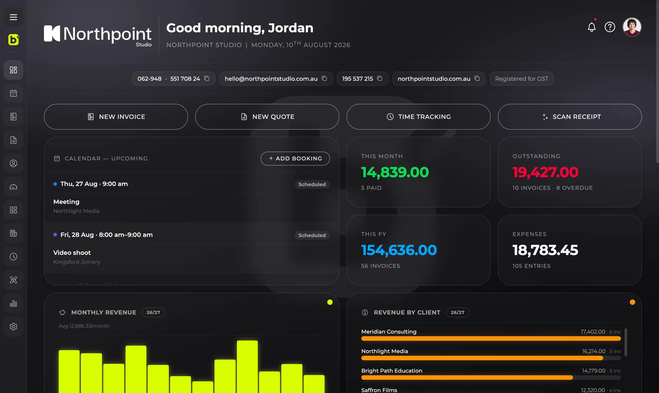 The billed dashboard: greeting, quick actions, upcoming calendar, revenue and outstanding invoices