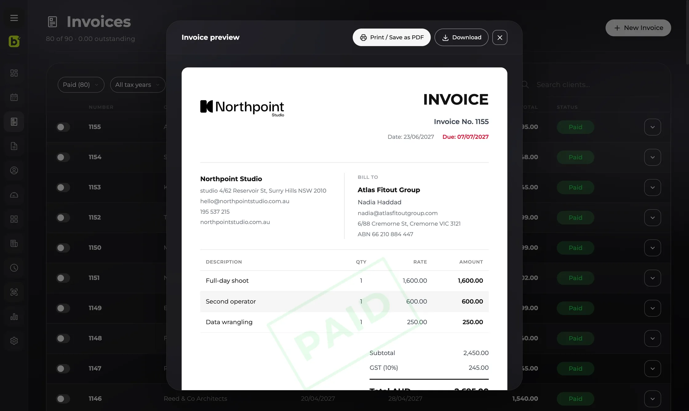 An invoice preview in billed, showing a branded PDF with line items, GST and the total in Australian dollars