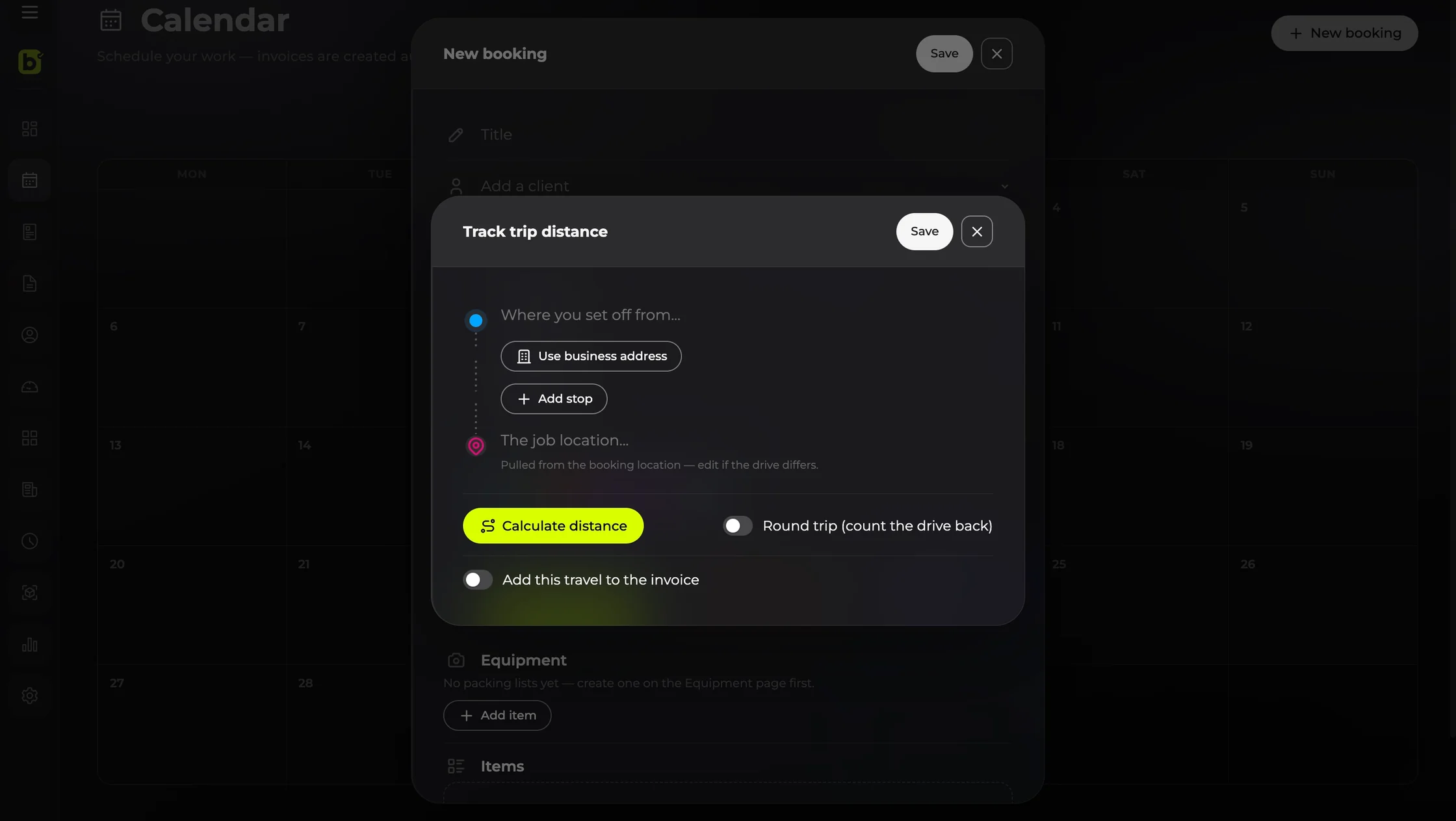 The Track trip distance panel inside a new booking in billed, with a toggle to add the travel to the invoice
