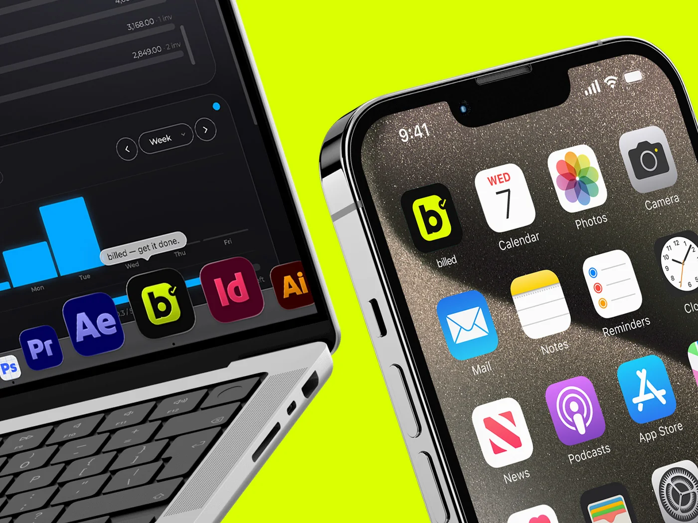billed open on a MacBook and an iPhone, with the billed app icon in the Mac dock and on the phone home screen