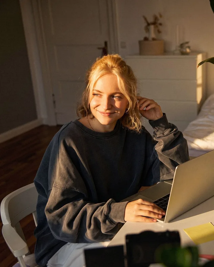 A consultant smiling at her laptop at golden hour